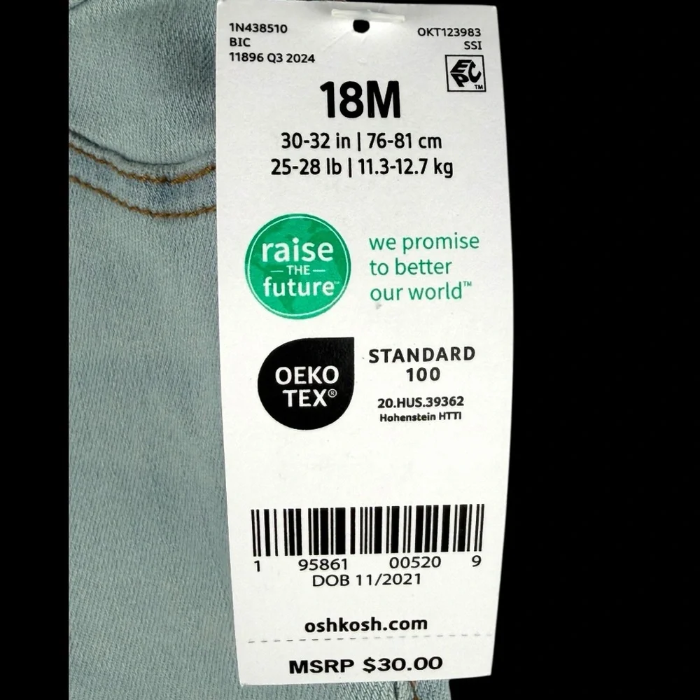 OshKosh B’gosh by Carter’s Baby Girl Jeans 18M Light Wash – Brand New with Tags - Picture 14 of 16